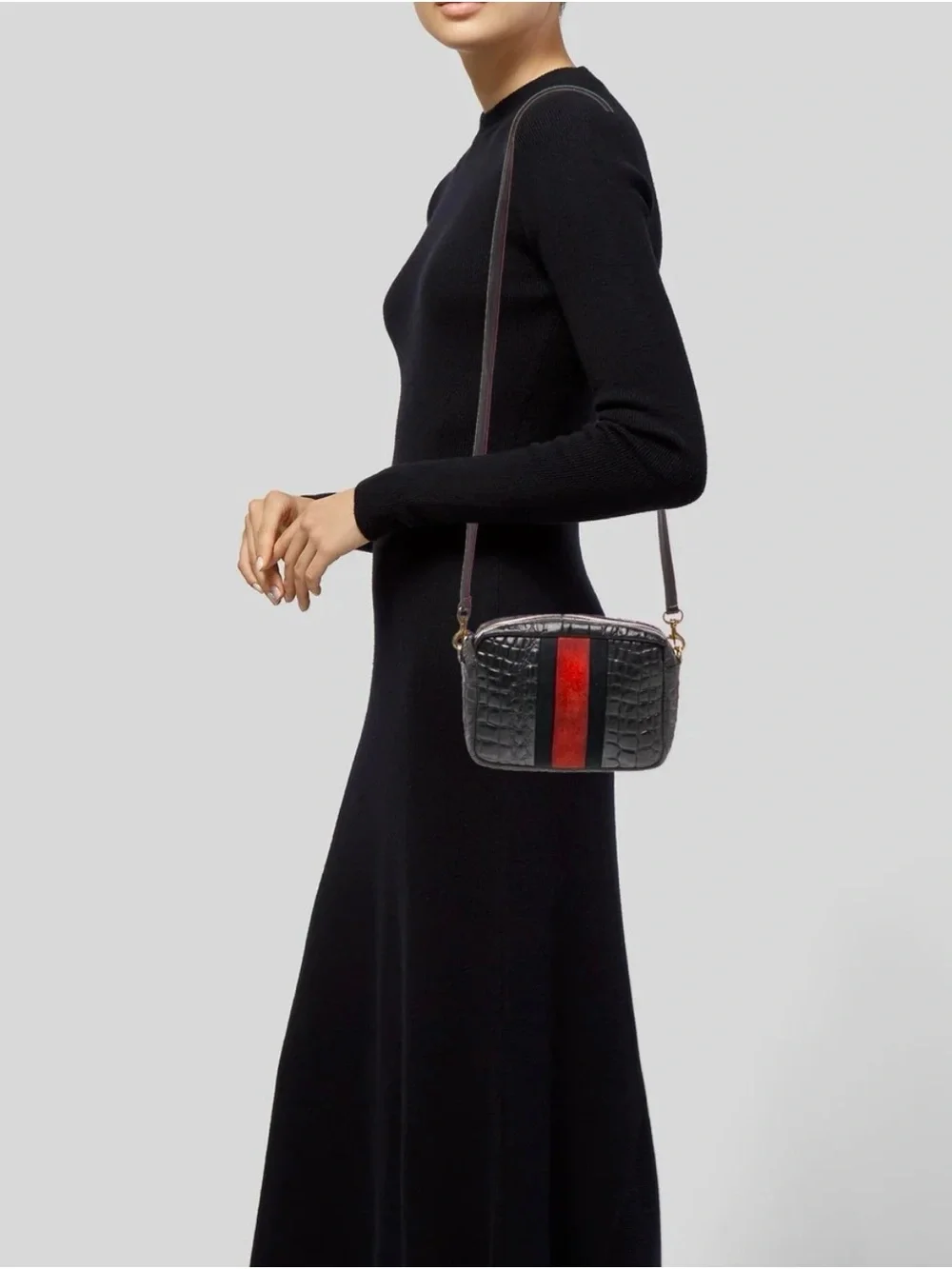 Clare V. Croc-Embossed Black Crossbody Bag with Red Center Stripe